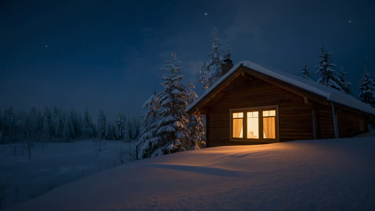 Shifting silhouette in light coat in cabin casting lamp glow, shadow moving across snow, copy space