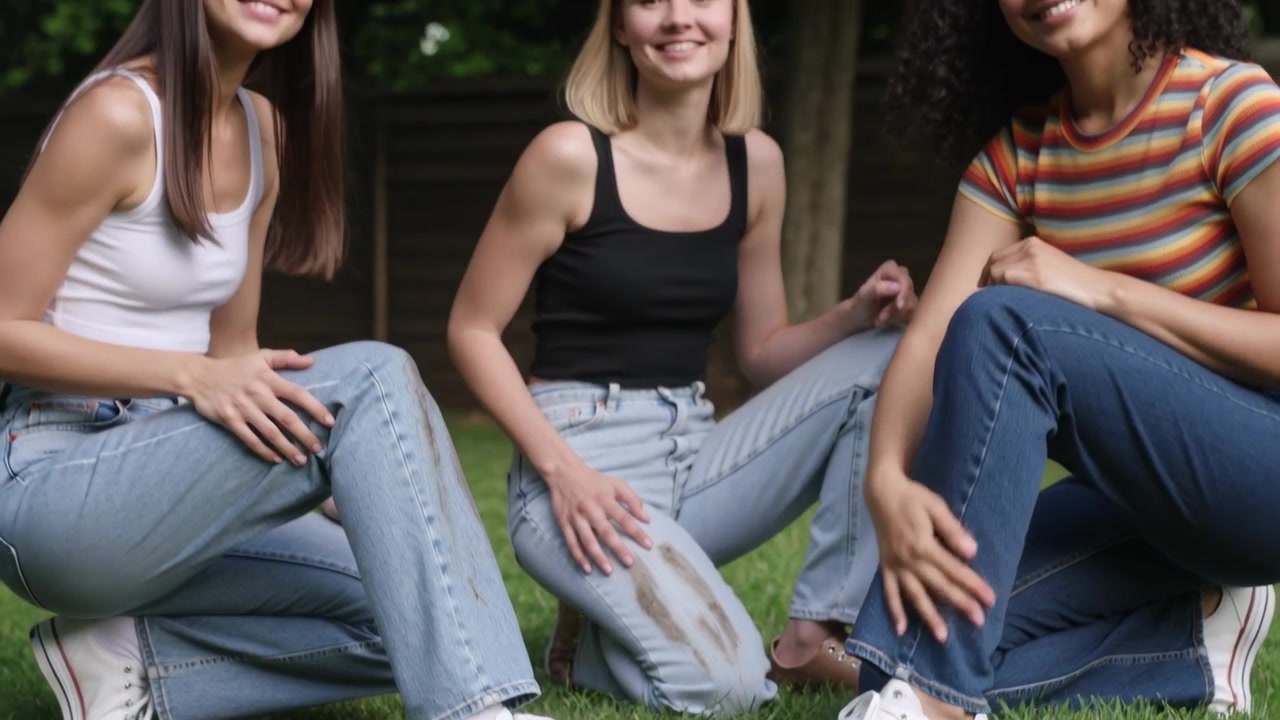Notando una macchia di fango, tre donne in canotta si protendono verso i jeans macchiati della persona al centro e sorridono sul prato.