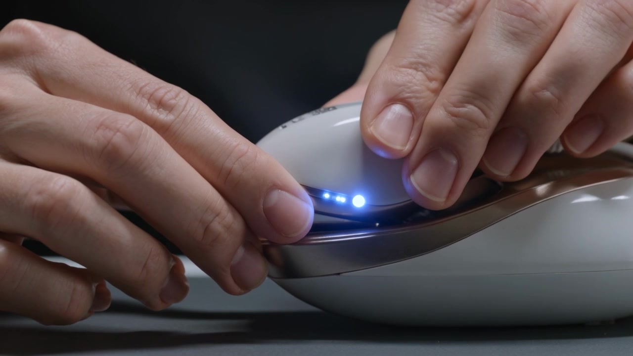 Mani che premono un dispositivo di aggancio nella base sulla scrivania, accendendo LED blu e caricandosi tramite cavo bianco.