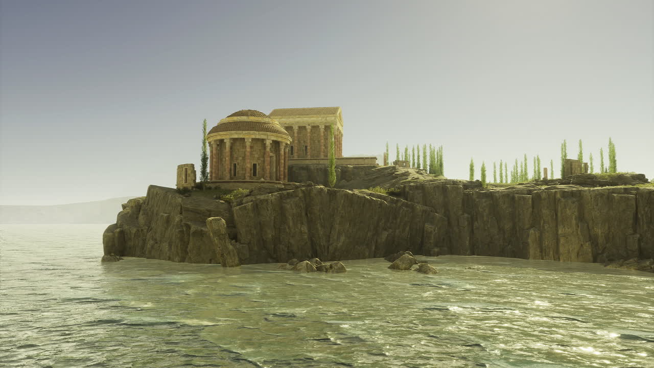Ruins of a classical temple overlooking the tranquil sea at sunset