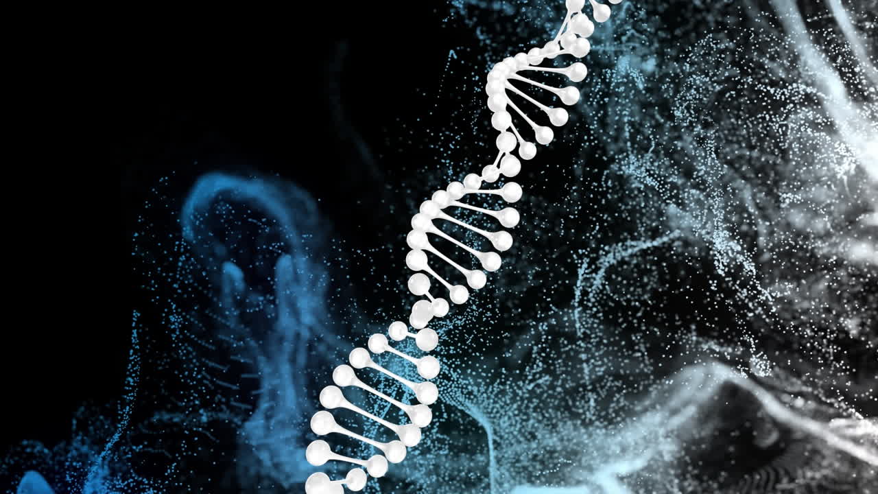 animación de la hélice de adn sobre ondas dinámicas iluminadas contra un fondo negro