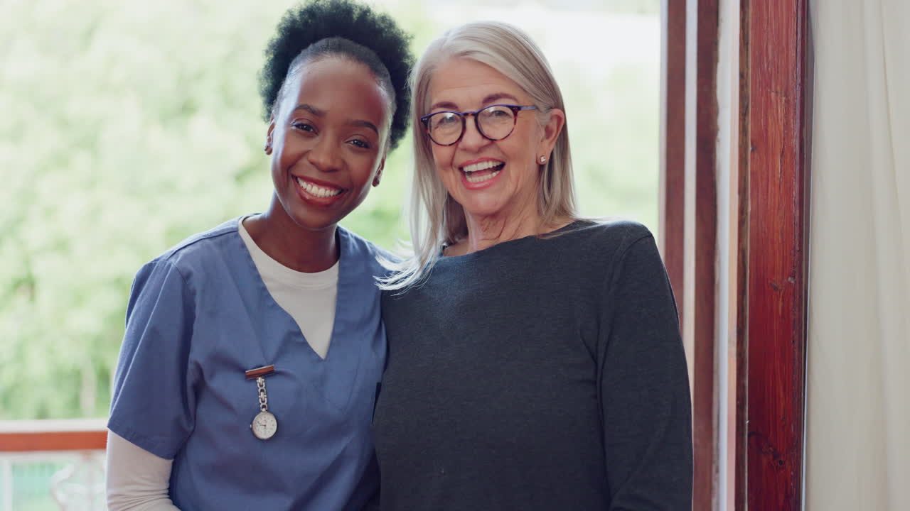 Face, senior and woman with nurse for healthcare