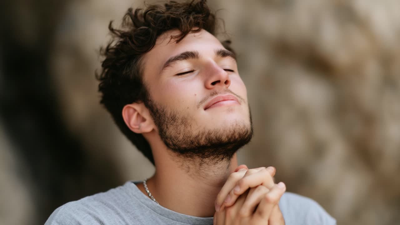 Un giovane in un momento contemplativo: riflessione sulla vita a occhi chiusi e con un'espressione serena, immortalato in due immagini pensierose che esprimono pace interiore e speranza