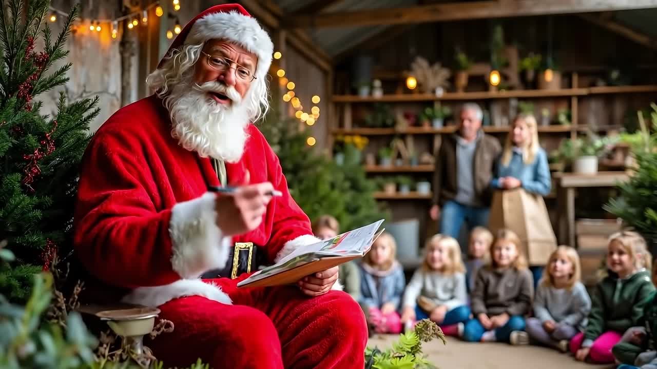 A man dressed as Santa Claus sitting in front of a group of children