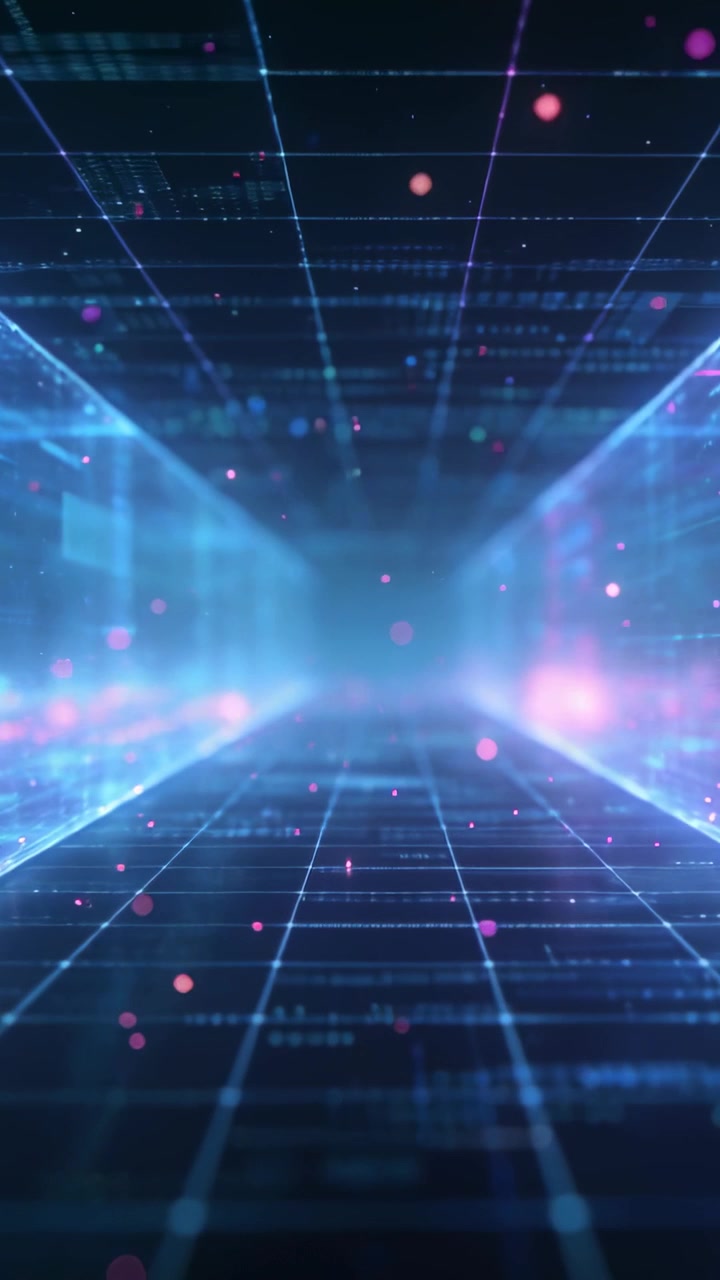 Vertical video: Gliding corridor moving in data tunnel on view shift, with grid, dust for data flow