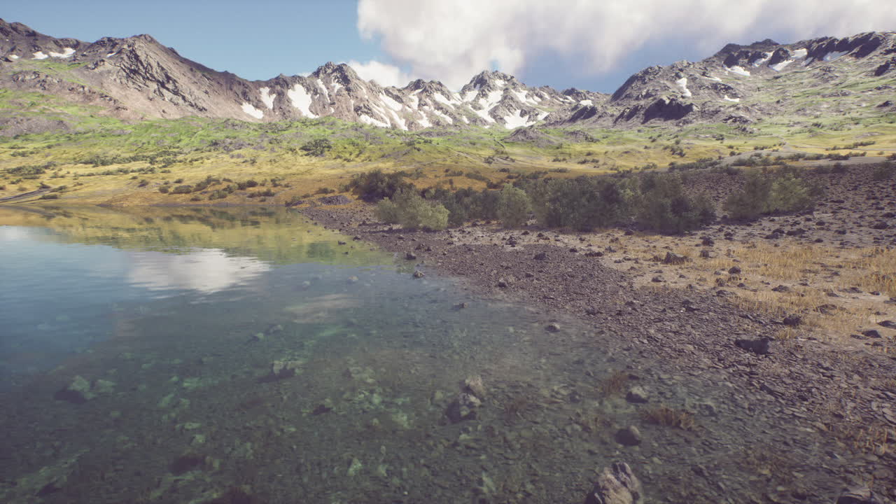 Serene lakeside landscape with mountains in the background on a sunny day