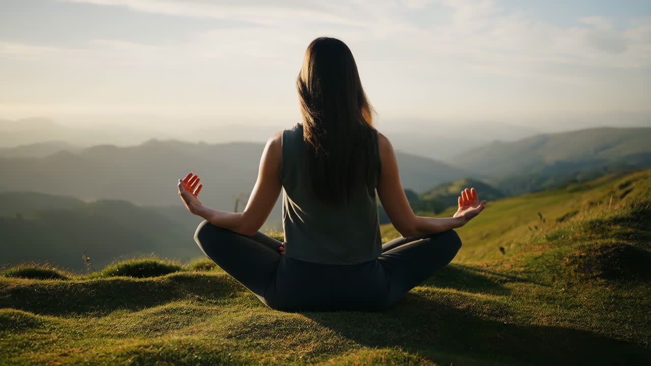 Woman Meditating in Lotus Pose on a Mountain Top at Sunset