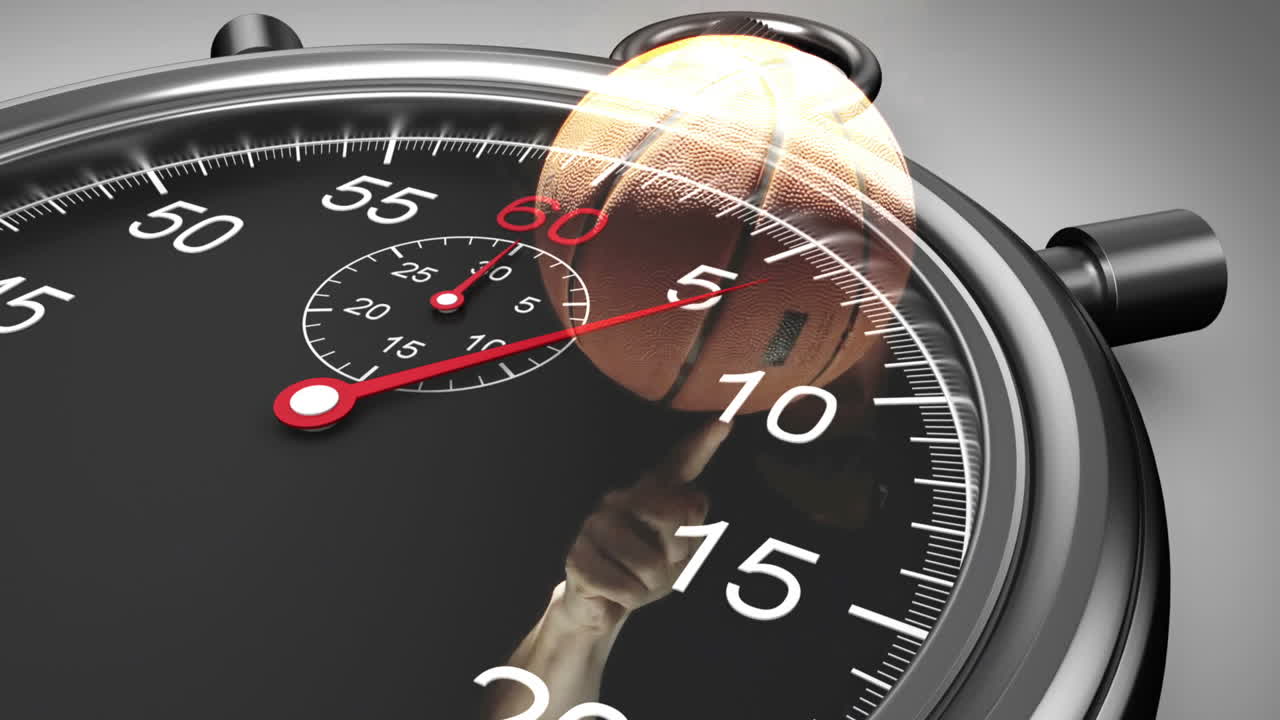 슬로우 모션으로 회전하는 농구 위의 스워치 그래픽