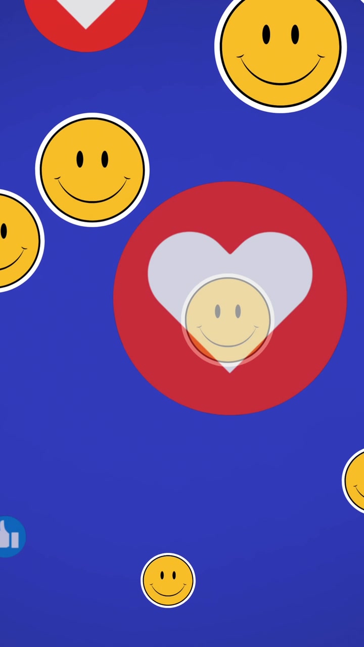 Animazione di icone dei social media e icone emoji sorridenti su sfondo blu
