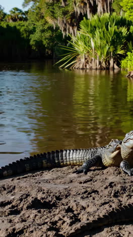 crocodile resting on a muddy river bank