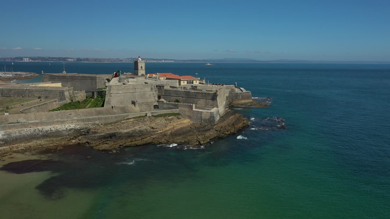 Aerial Drone Panoramic View of Sao Joao Fort at Carcavelos Beach, near Lisbon, Portugal
