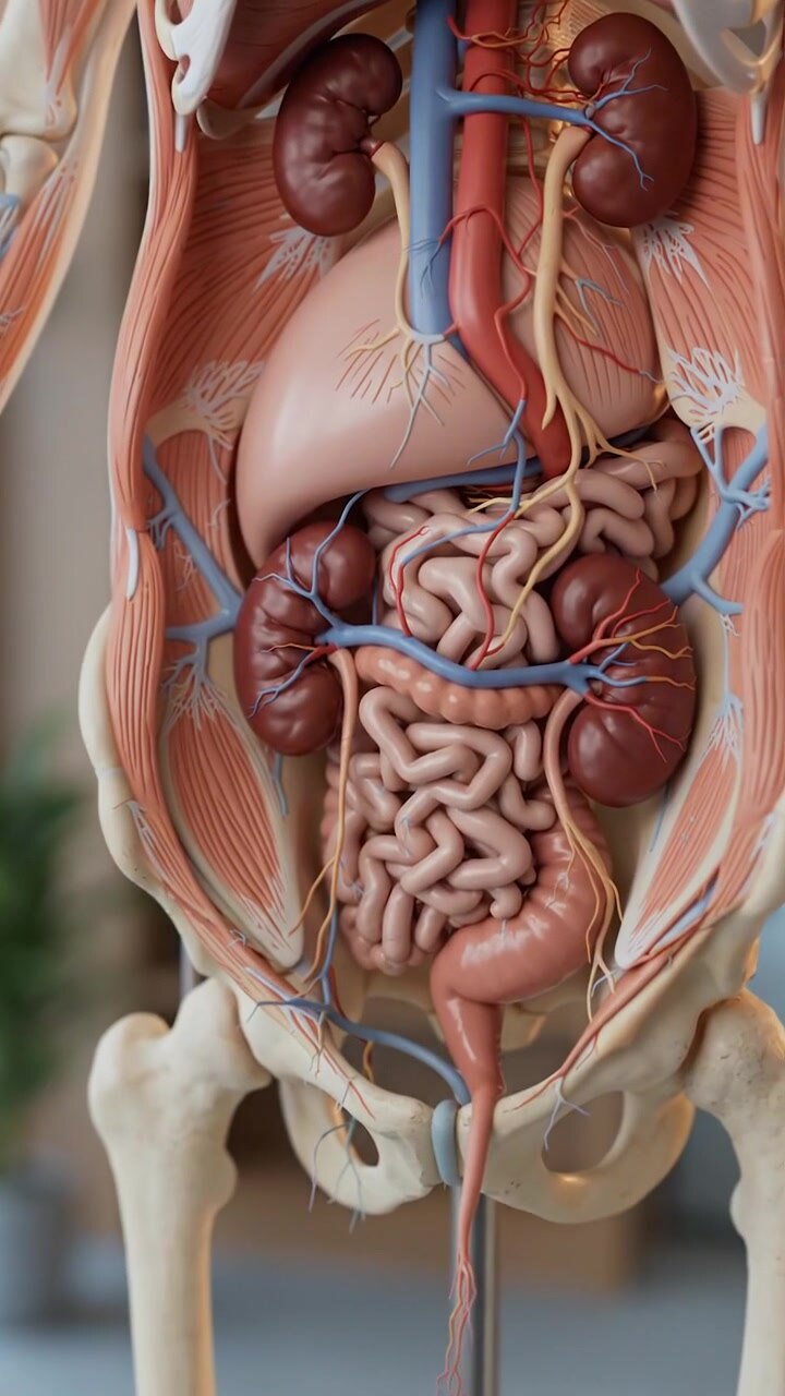 Detailed anatomy figure showing stacked views of an anatomy model with internal organs visible in a clear healthcare visualization