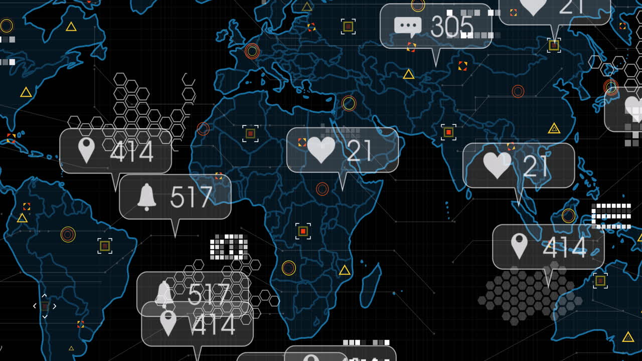 animación de iconos de redes sociales flotando sobre el mapa del mundo contra un fondo negro.