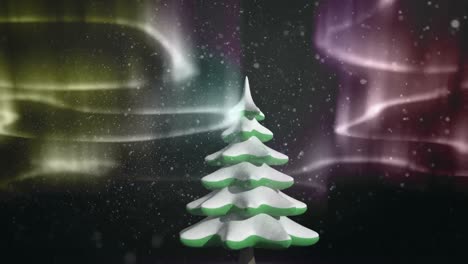 animation of yellow and pink aurora borealis lights moving over fir tree