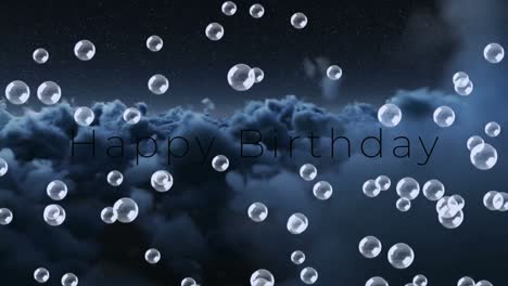 animación de feliz cumpleaños texto y burbujas de jabón sobre el cielo nublado