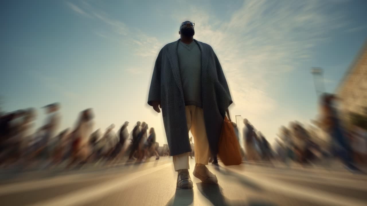 A solitary figure stands out amidst a bustling crowd, embodying individuality and presence as people move rapidly around them, set against a vibrant sky at dusk