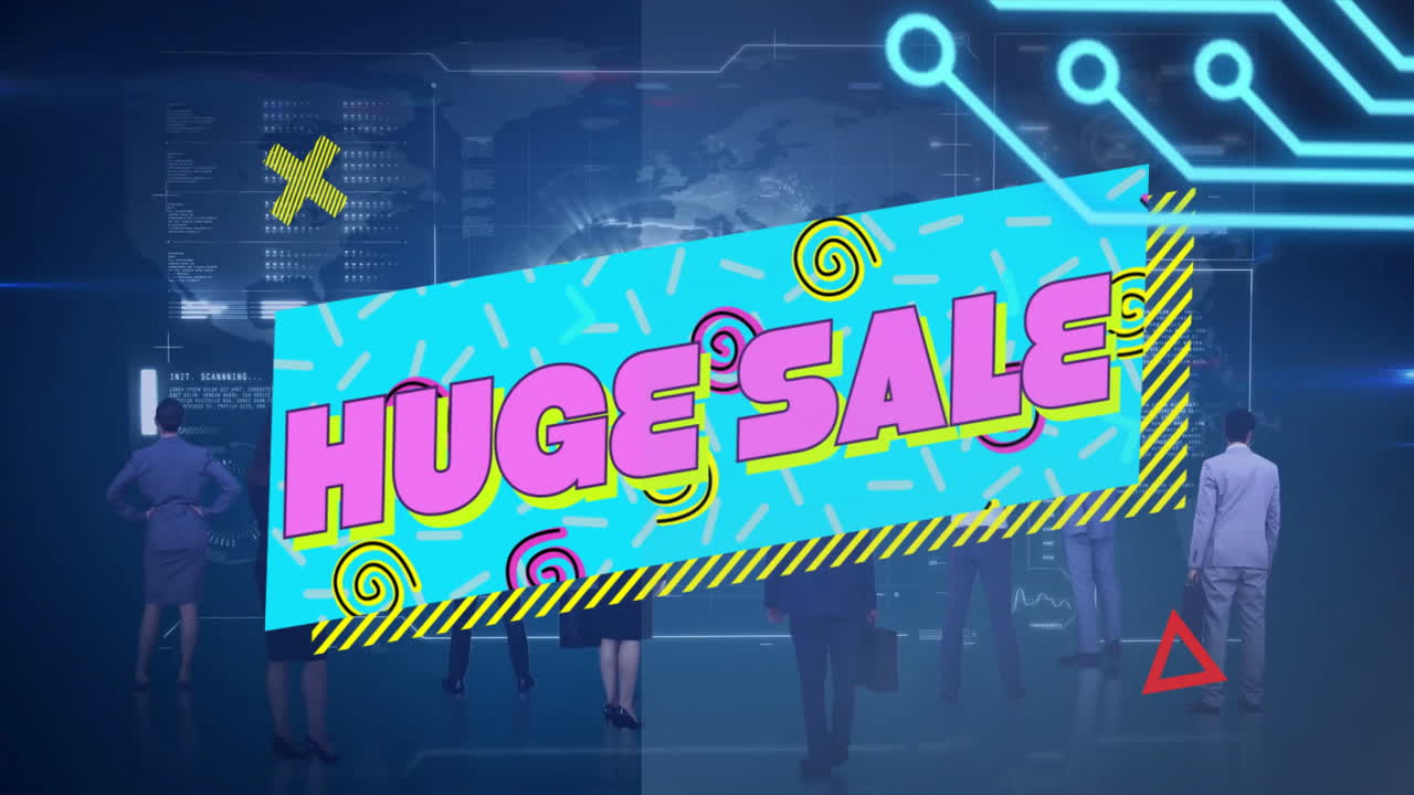 Huge sale text animation over business people analyzing digital data displays