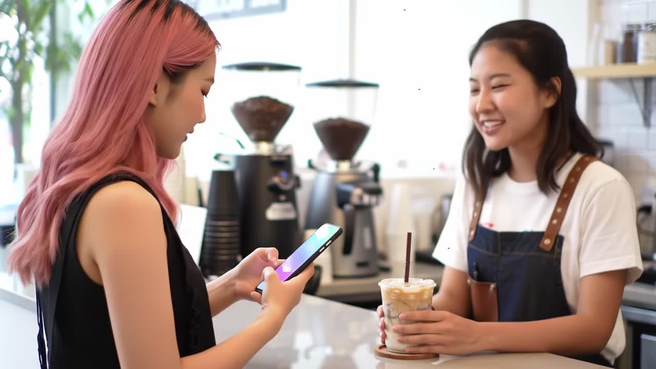A Cafeteria Scene Featuring a Young Woman with Pink Hair Interacting with a Barista While Enjoying a Refreshing Drink at the Counter