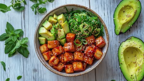 tofu en avocado schaal met sesamzaad