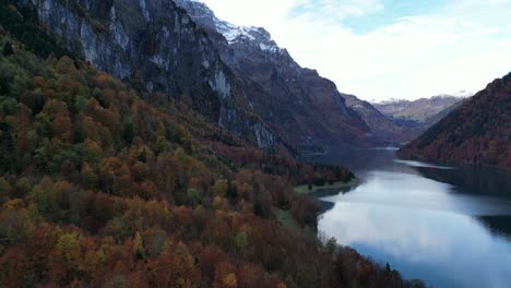 Aerial-shot-of-the-lake-view-adjutant-the-mountain-peaks-and-high-needle-forest