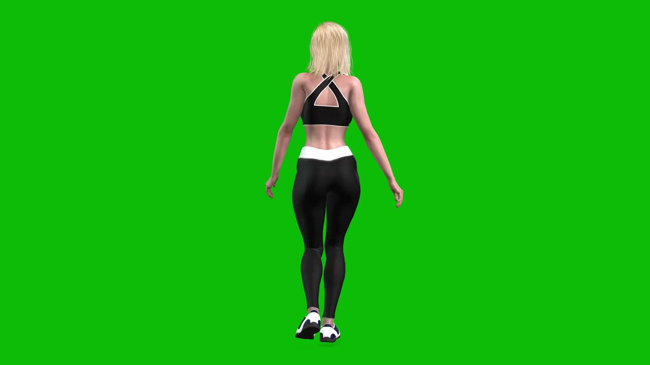 ぴったりとした黒いスポーツウェアを着た3D女性アスリートが、グリーンバックで早歩きする様子を後ろから捉えた3Dループアニメーション。