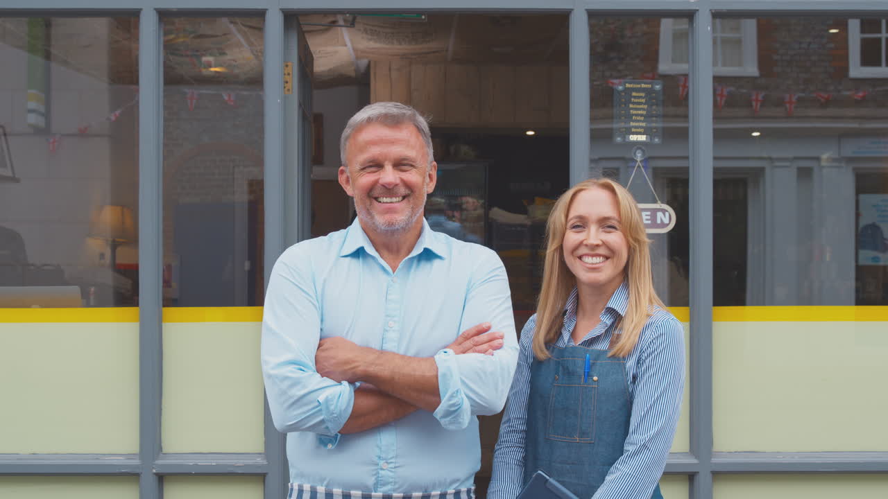 retrato de dueños o personal masculino y femenino de pie fuera de una cafetería con tableta digital
