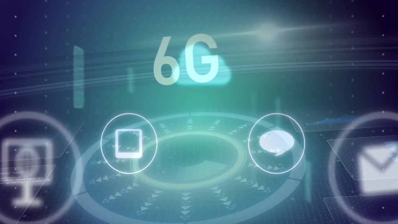animación de texto 6g y iconos de redes sociales con círculos de escaneo en fondo abstracto