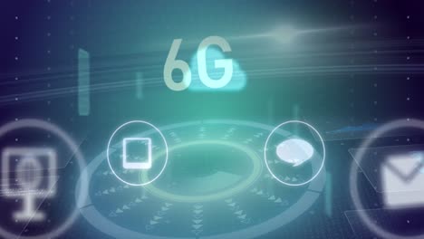 animation of 6g text and social media icons with scanning circles on abstract background
