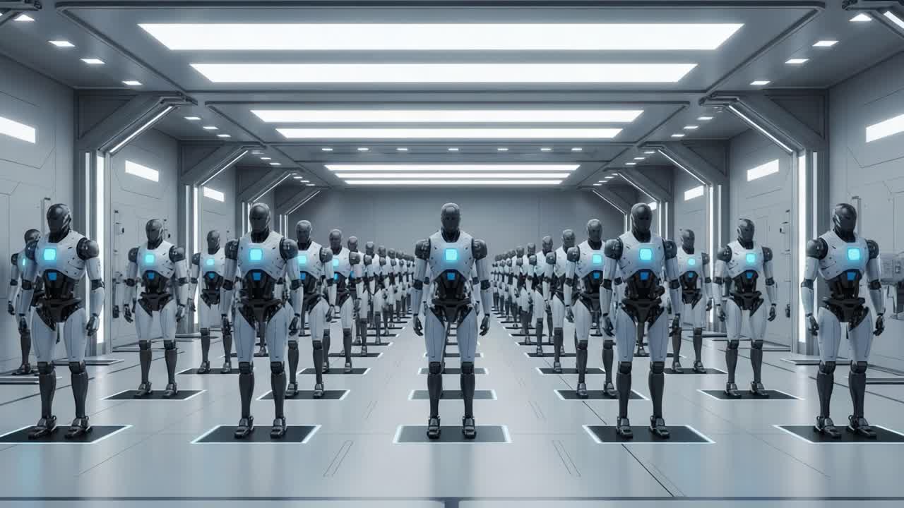 A Captivating View Inside a Futuristic Robotics Lab Featuring a Formidable Lineup of Identical Androids, Each Equipped with Innovative Technology and Unwavering Precision