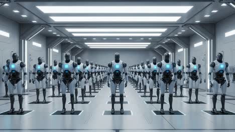 a captivating view inside a futuristic robotics lab featuring a formidable lineup of identical androids, each equipped with innovative technology and unwavering precision