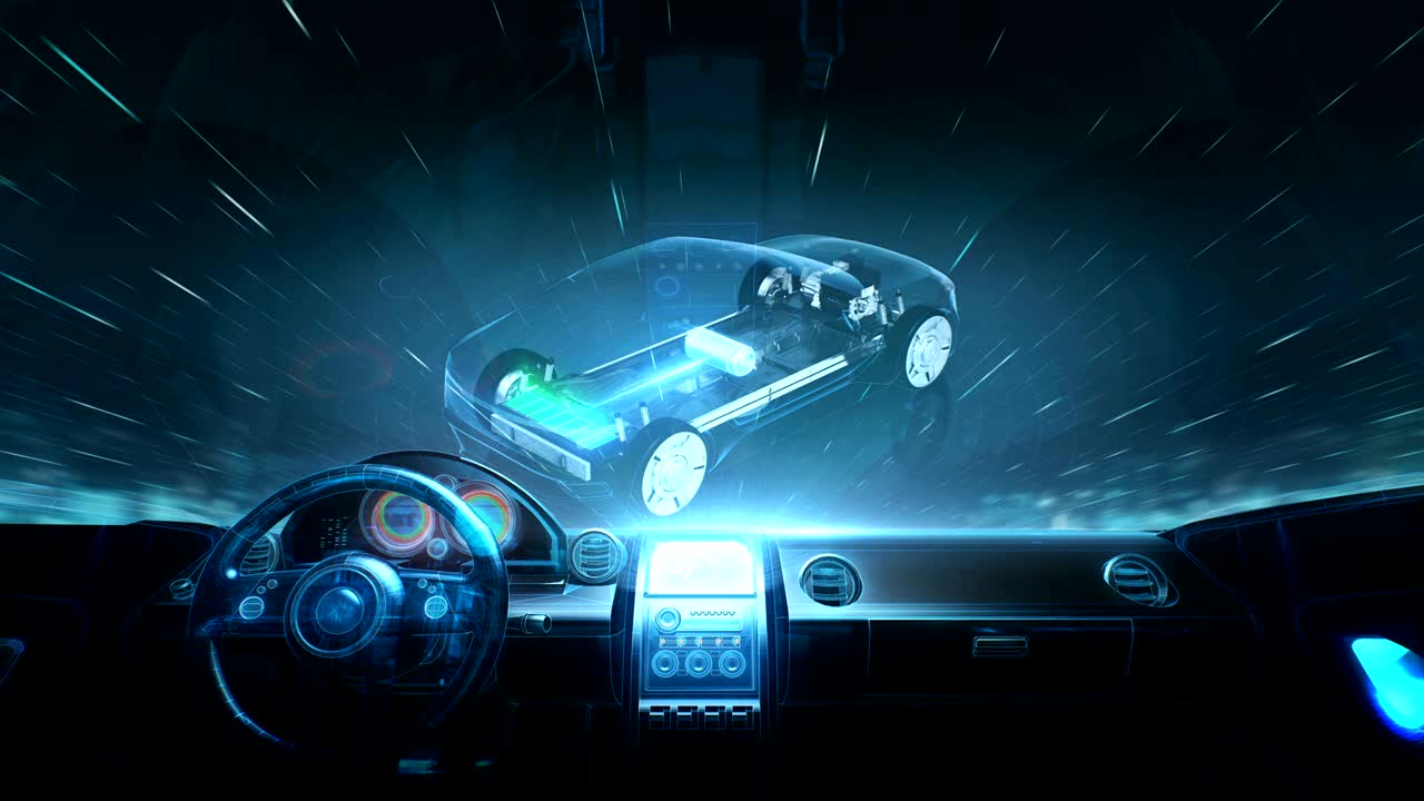 미래의 하이브리드 자동차의 내부, 회전 전자, 하이버드 배터리 자동차, 충전 배터리, 내부 뷰.