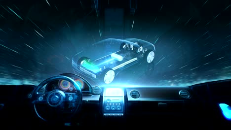 el interior de los futuros coches híbridos, electrónica giratoria, coche de batería híbrida. carga de la batería, vista interior.