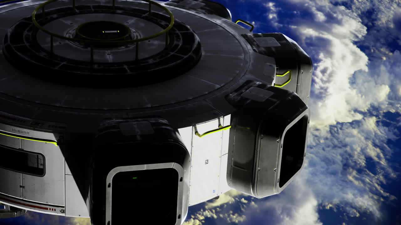 Spacecraft hovering above earth with bright clouds in the background