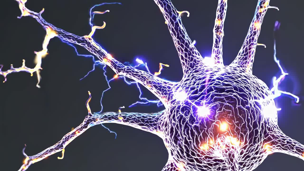 Close-up video of a neuron with glowing synapses, showcasing a 3D digital style from a top-down