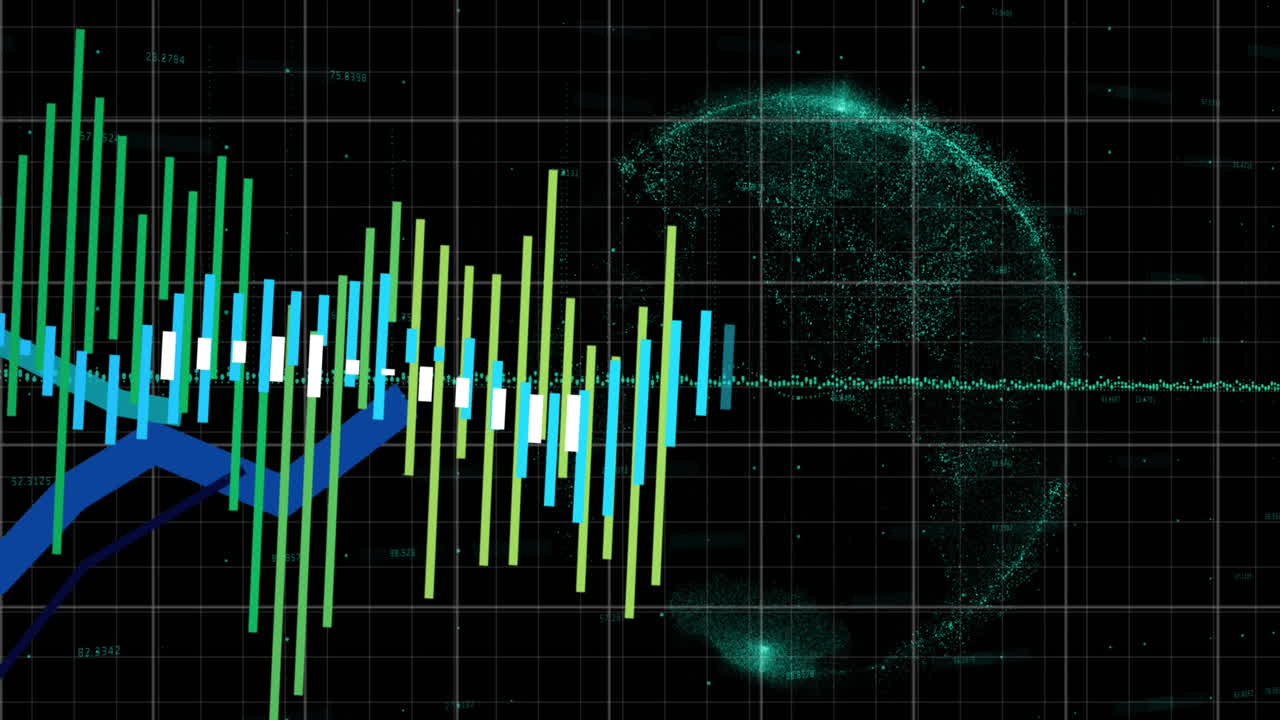 검은 바탕에 회전하는 지구 위에서 통계 데이터 처리의 애니메이션
