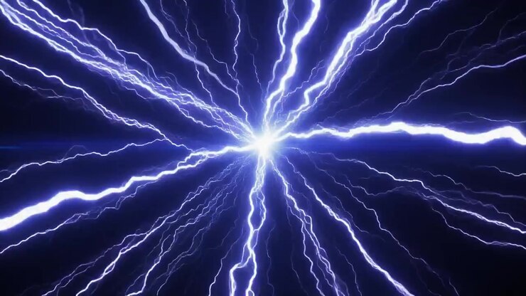 Fulmini blu animati che si irradiano da un punto centrale