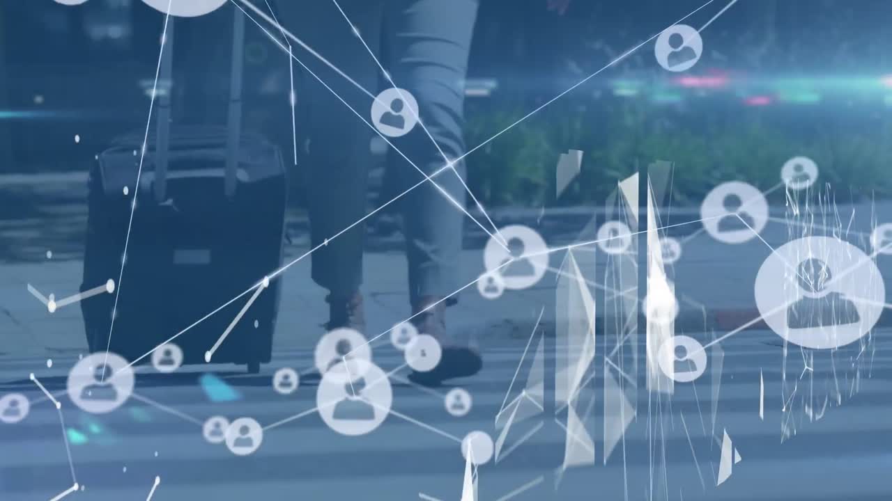 가방을 들고 있는 백인 여성 위 에 있는 아이콘 들 과 연결 된 네트워크 의 애니메이션