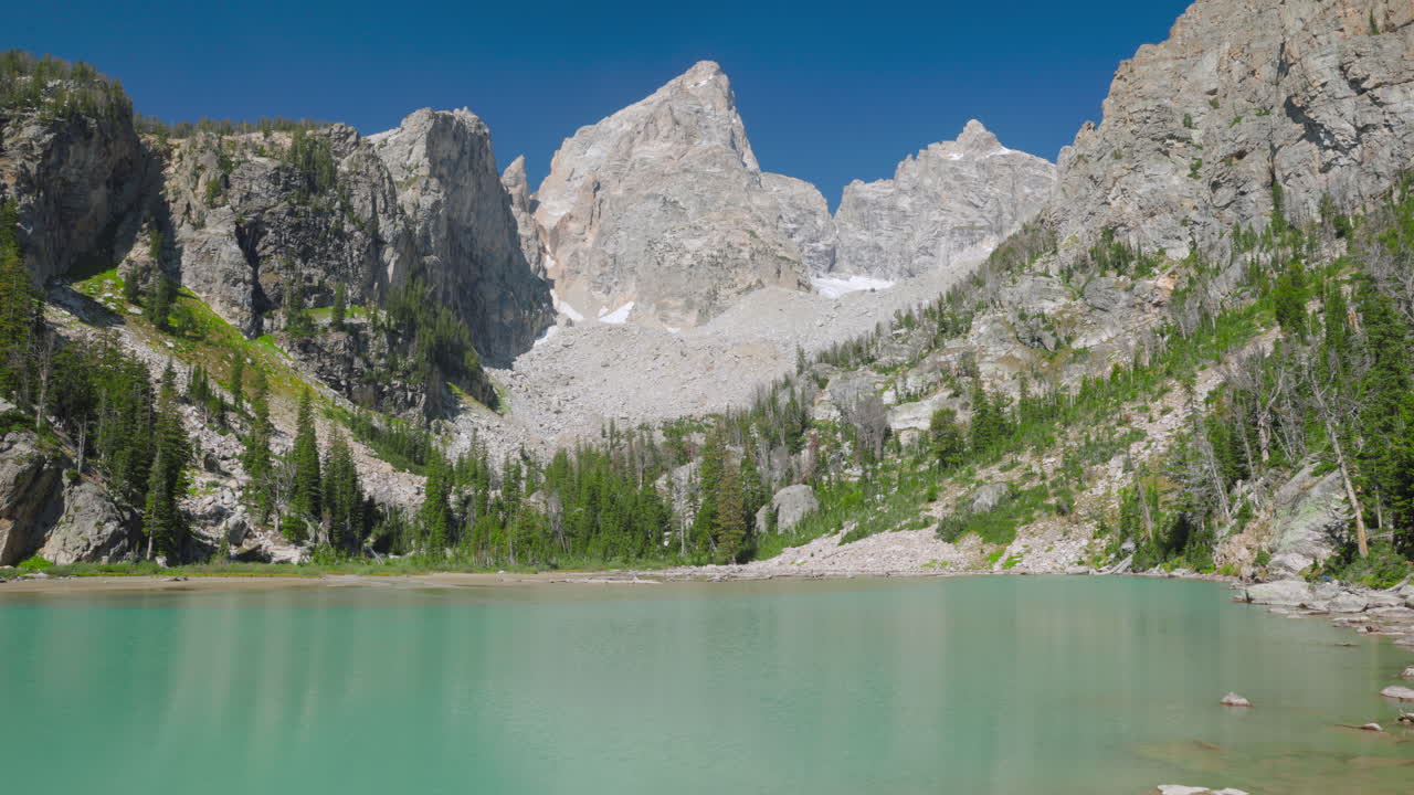 Wide shot of a mountain lake high the mountains of Wyoming. Shot in 4k