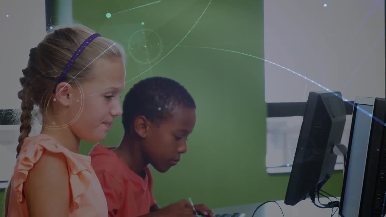 Network of connections against caucasian girl and african american boy using computer at school