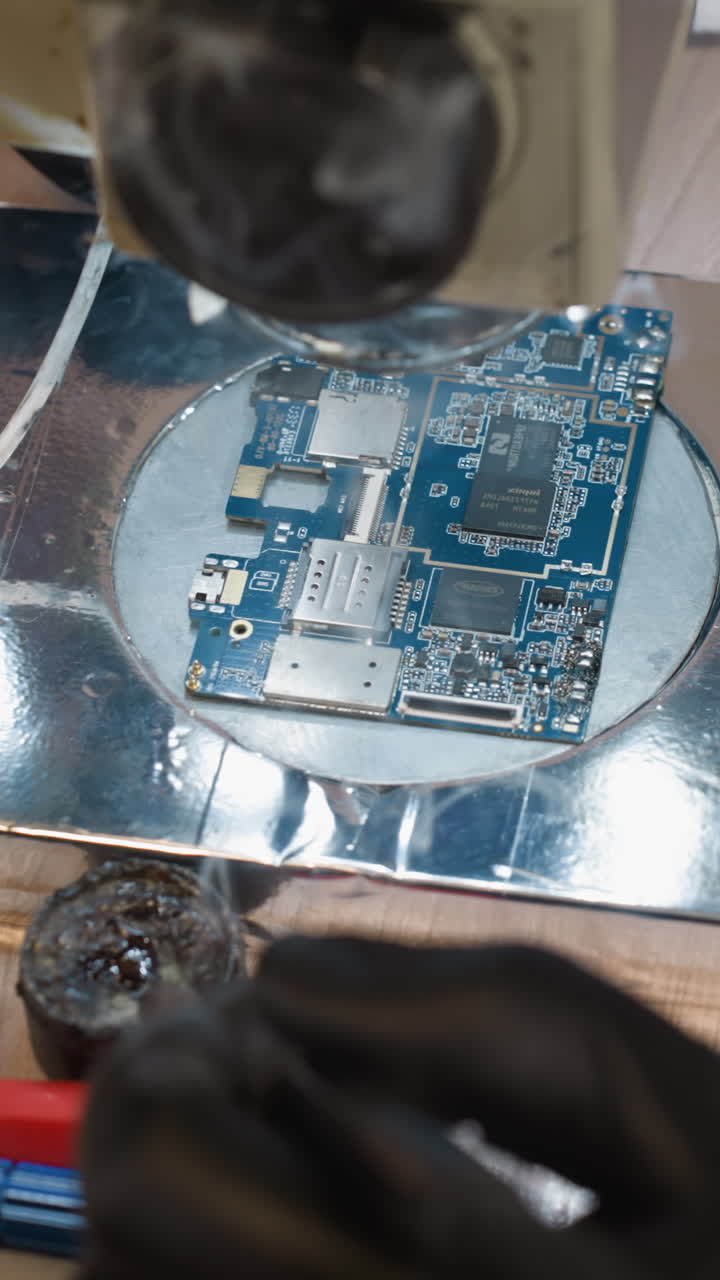 una vista de cerca de un banco de trabajo de reparación de electrónica con un técnico soldando una placa de circuito bajo un microscopio, varias herramientas están esparcidas alrededor