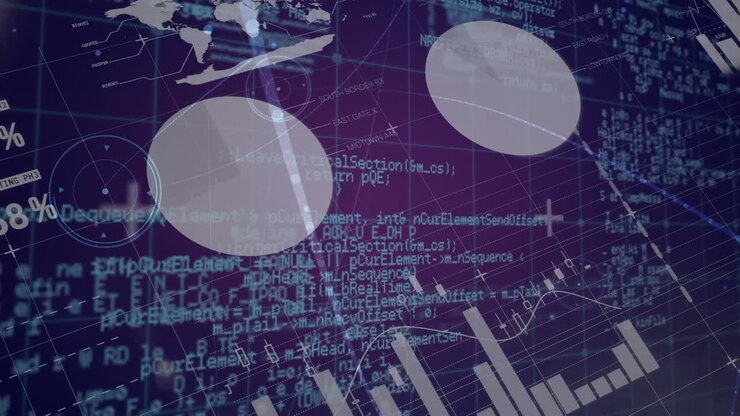Animation of statistics and data processing over dark background
