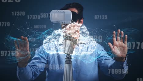 animación de la nube digital, procesamiento de números sobre el hombre que lleva auriculares vr en el fondo