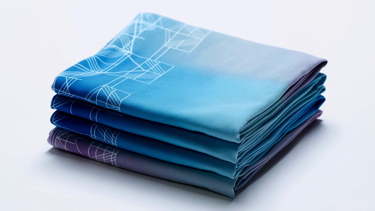 Neat stack of folded fabric swatches on smooth white tabletop under soft directional studio light, showing layered blue tones, subtle texture, crisp edges, and minimal product styling
