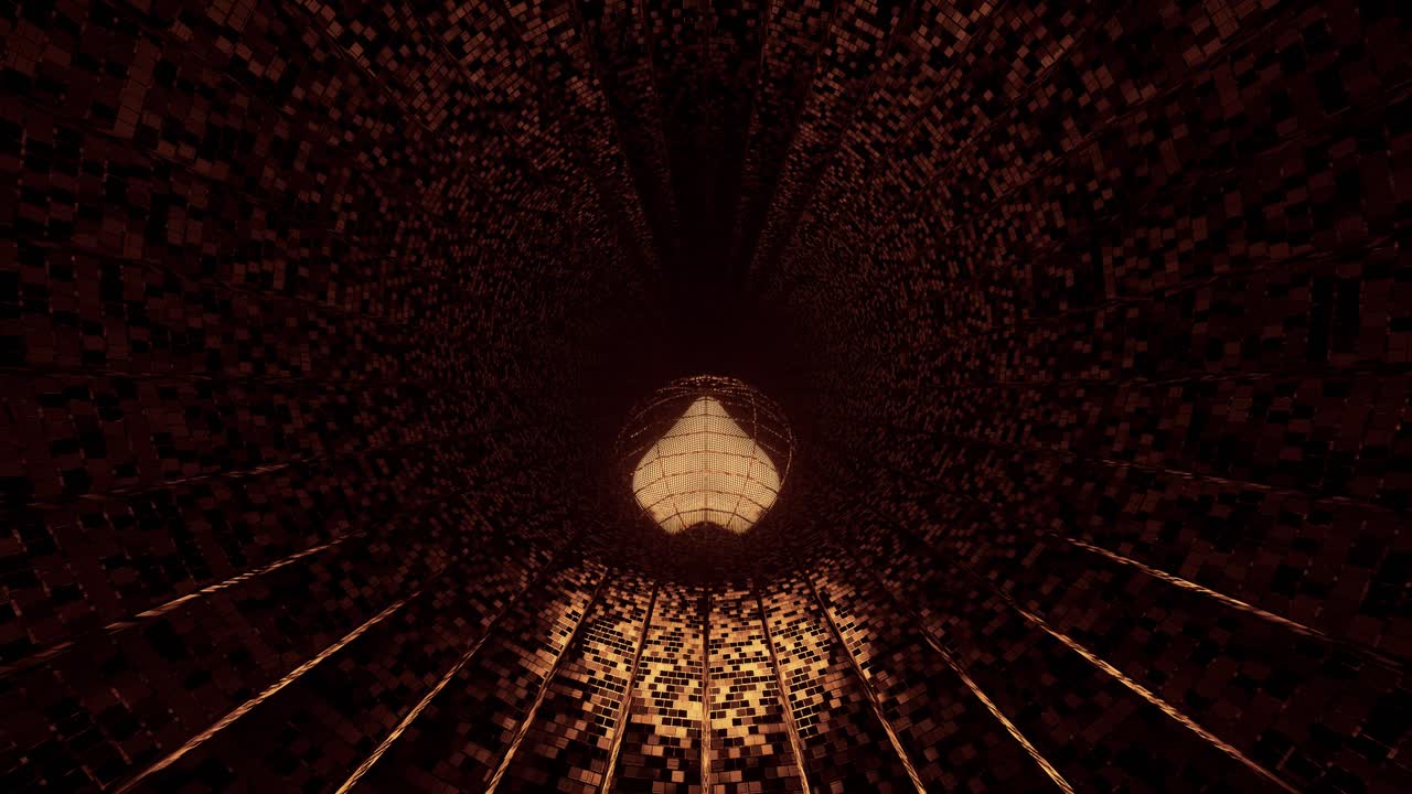 vj 루프 - 선이 어둠 속으로 사라지는 반사 디지털 터널 표면을 따라 굴러가는 3d 황금 심장