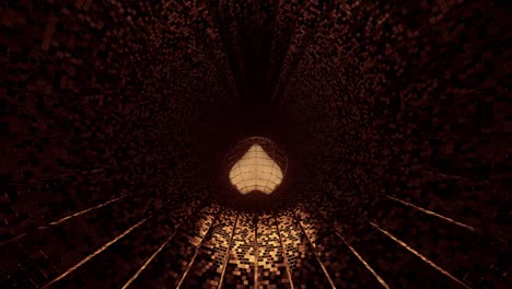 vj loop - 3d golden heart rolling along a reflective digital tunnel surface with lines disappearing into the darkness