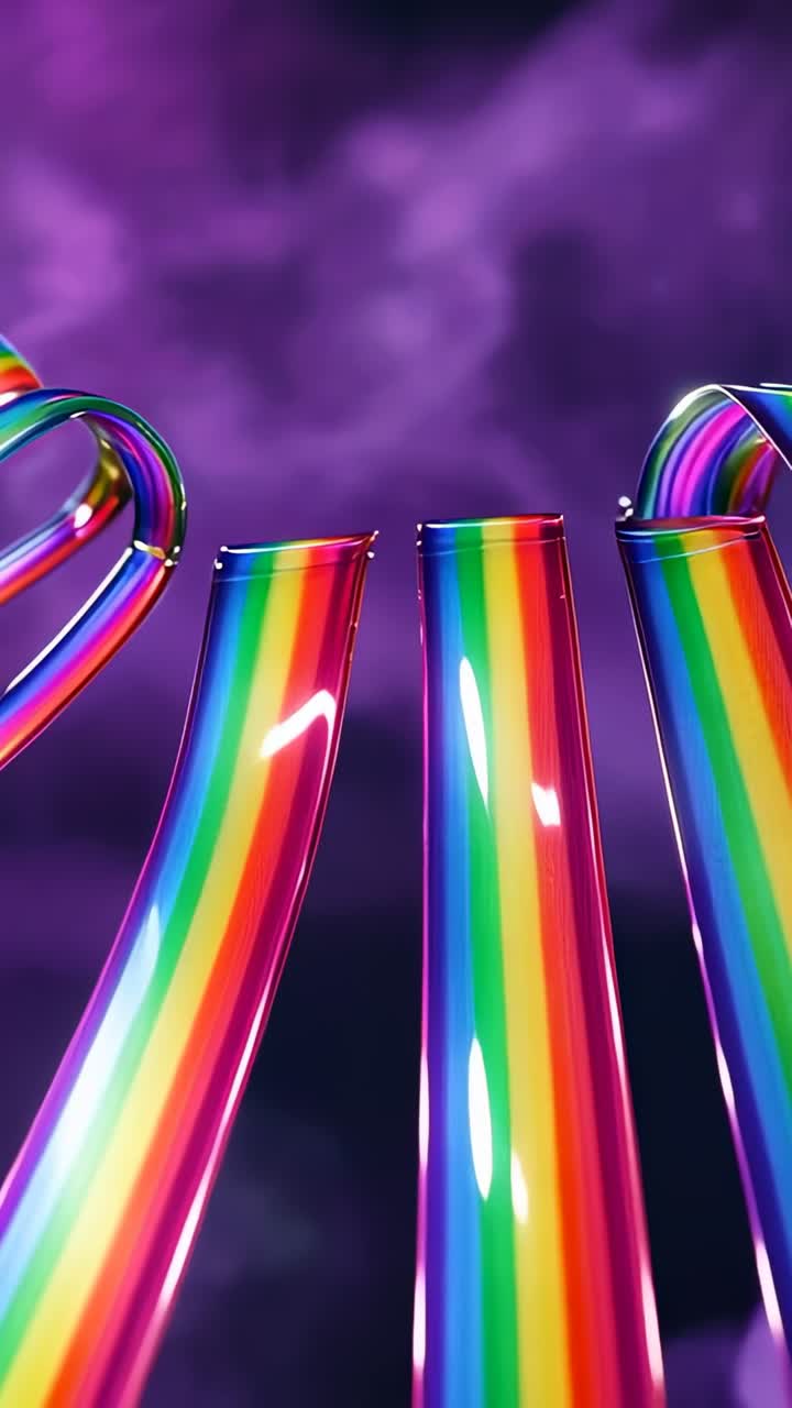 Vertical video: Starting rainbow-striped tubes curling into loops in 3D scene with purple clouds