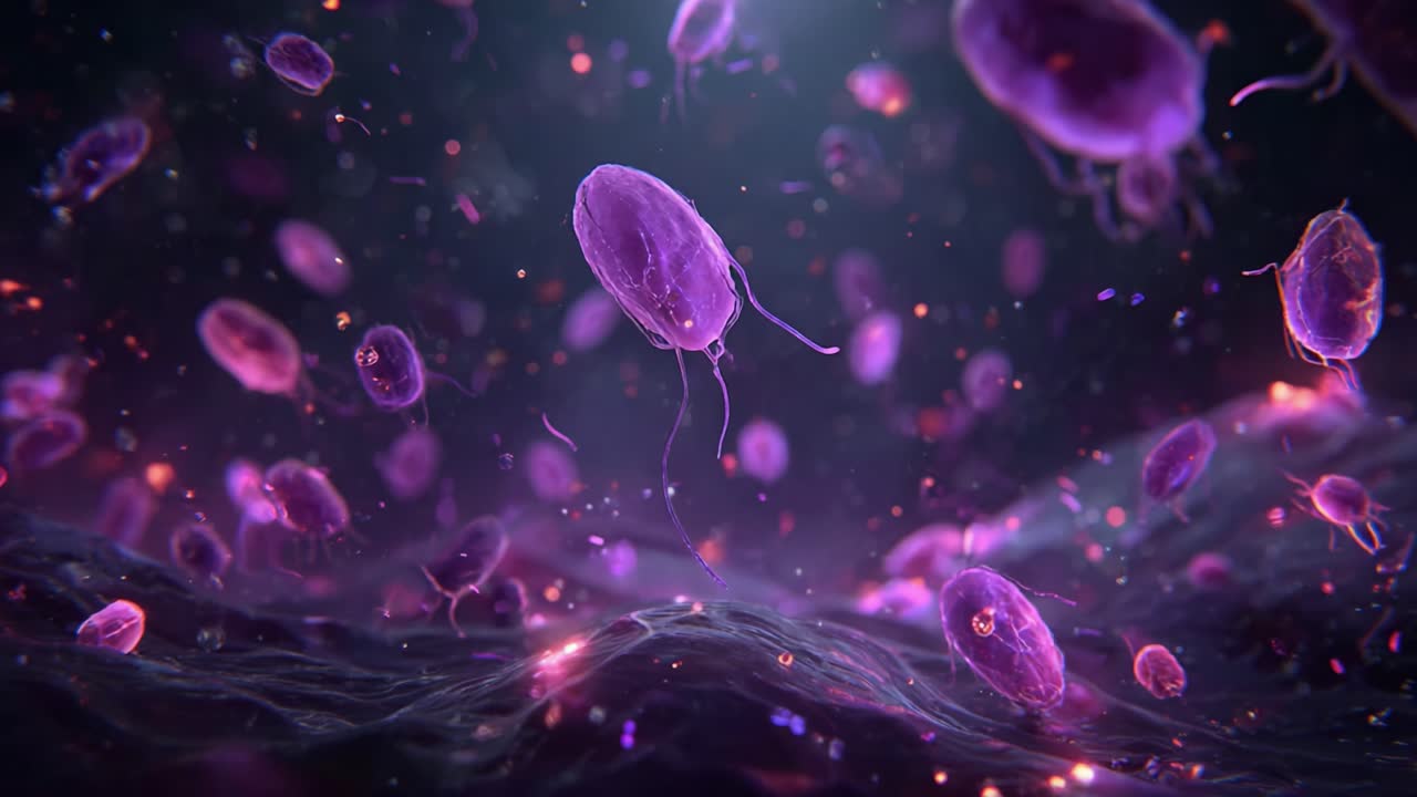 Un ipnotico primo piano sulla vita microbica: immagini accattivanti di vivaci batteri viola che fluttuano in un ambiente surreale, mostrando le meraviglie degli organismi microscopici