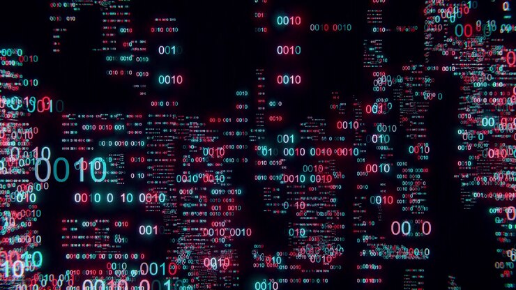 Sfondo glitch astratto futuristico con codice binario e numeri luminosi