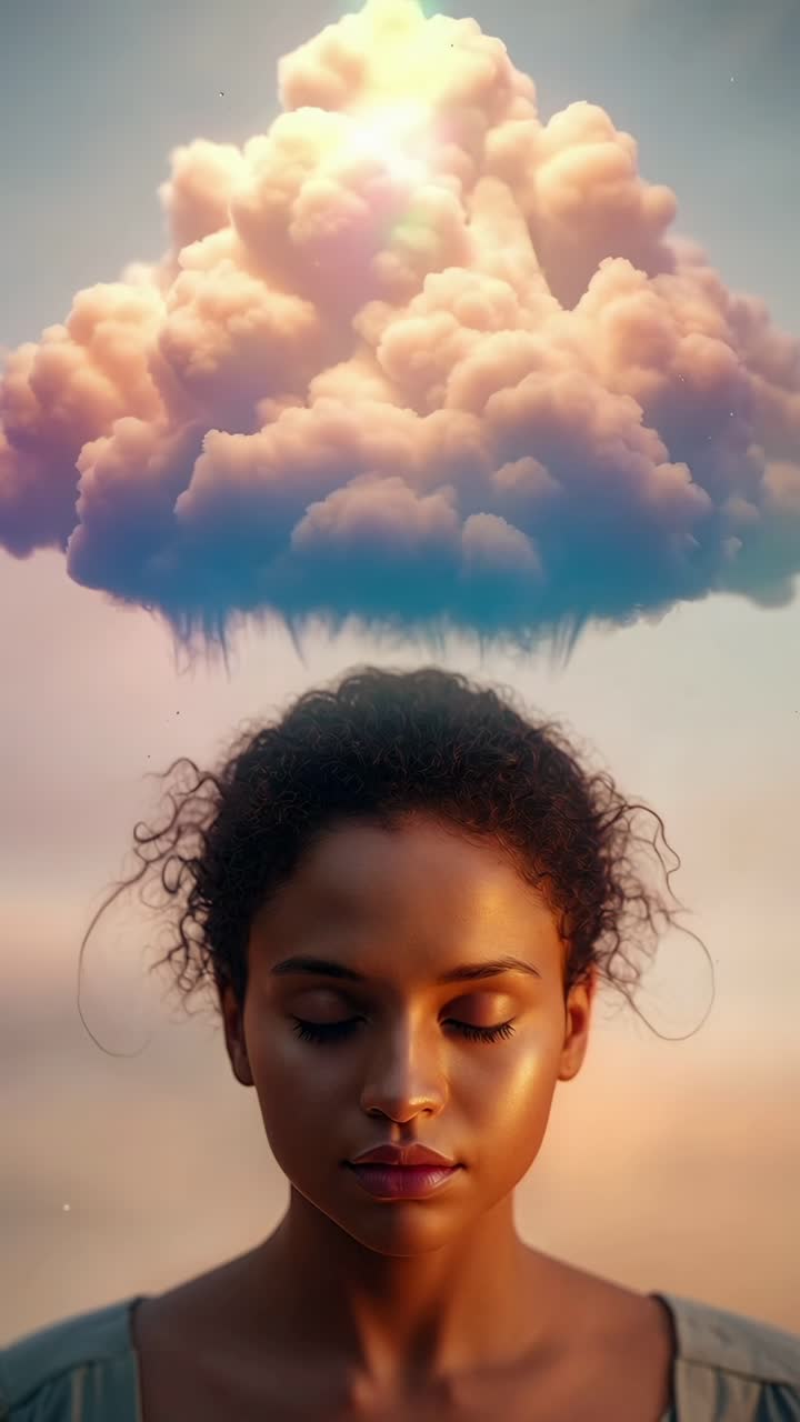 Concept vidéo surréaliste avec un gros plan d'une femme sous un nuage flottant