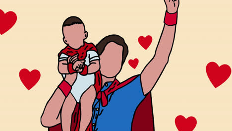 animation of father and son in superhero costumes over yellow background with hearts